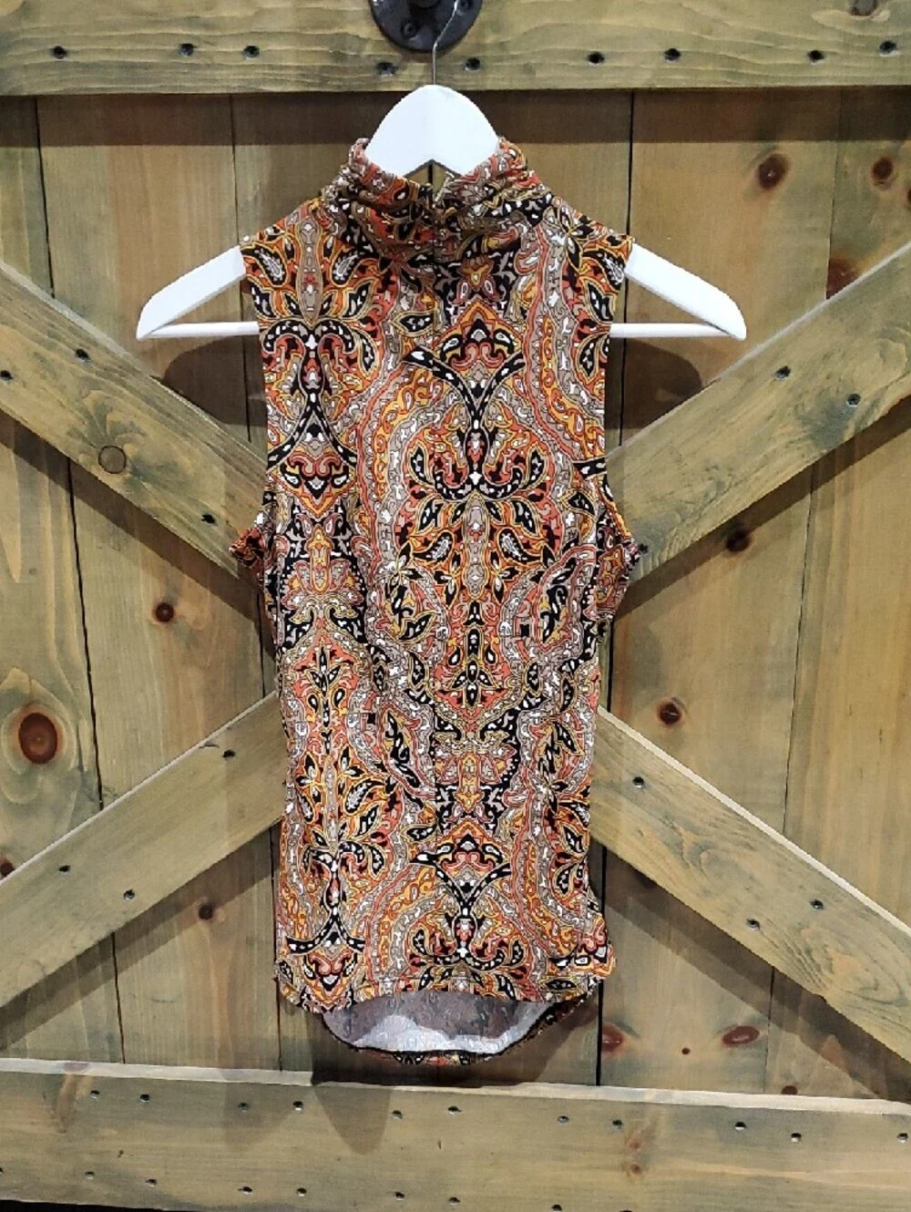 Michael Kors Sleeveless Paisley Mock Neck Top in Orange, Black and Cream